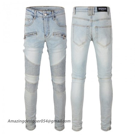 Balmain Slim cut ridged cotton jeans with Balmain monogram hem light blue