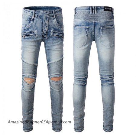 Balmain Slim cut ridged cotton jeans with Balmain monogram hem Indigo