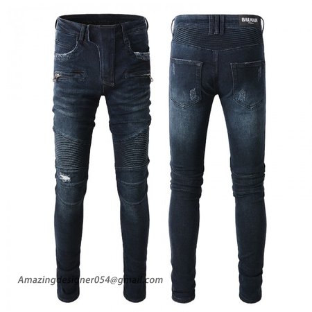 Balmain Slim cut ridged cotton jeans with Balmain monogram hem navy