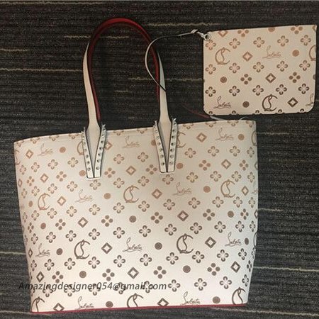 Chtistian Louboutin White/Red Gold Print Calf Tote Bag